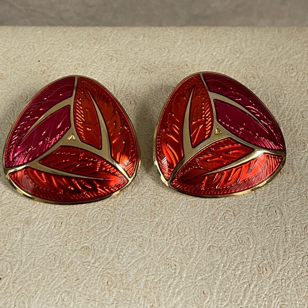 VTG 1990's Edgar Berebi Red Orange Pink Gold Tone Enamel Foilage Earrings